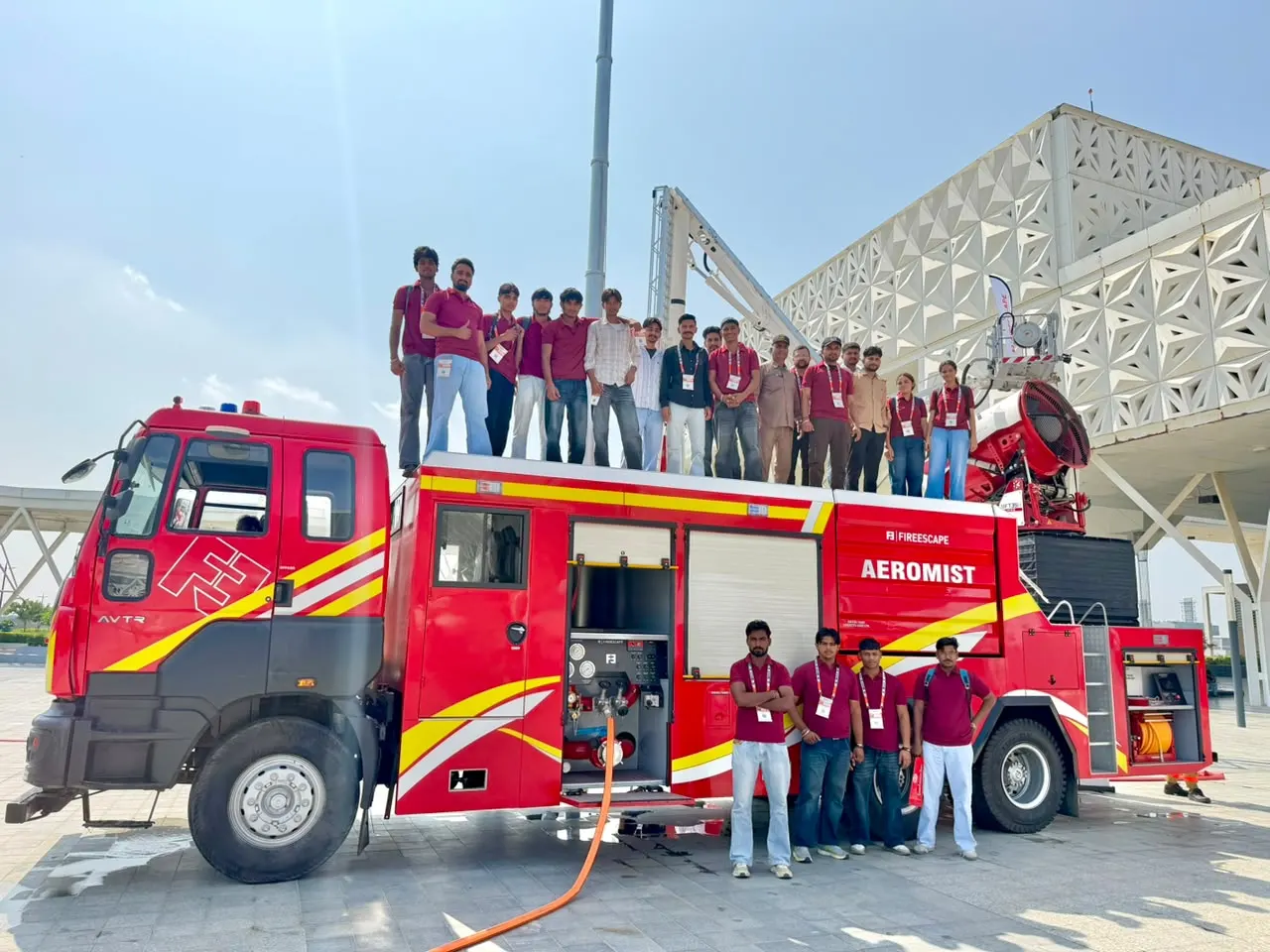 Zed-King fire safety students on a fire tender at Fire India 2026 — Zed-King Institute of Fire And Safety gallery