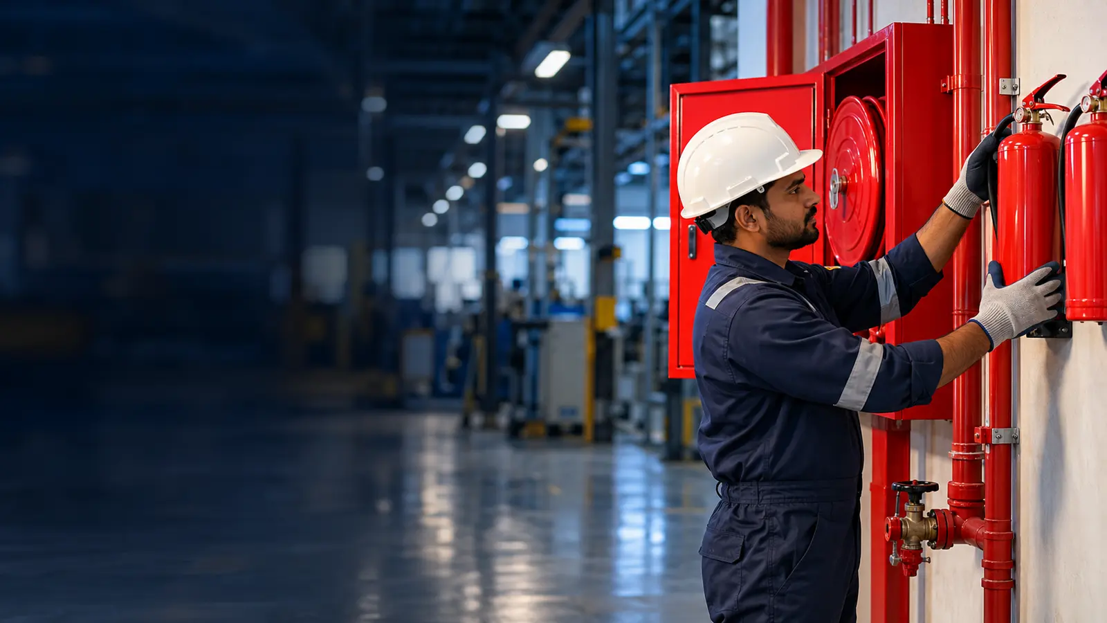 Fire safety technician fitting fire extinguishers beside a hose reel cabinet in a factory