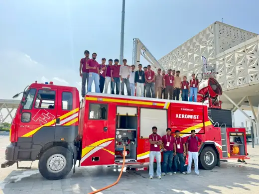 Zed-King fire safety students on a fire tender at Fire India 2026 — Zed-King Institute of Fire And Safety gallery